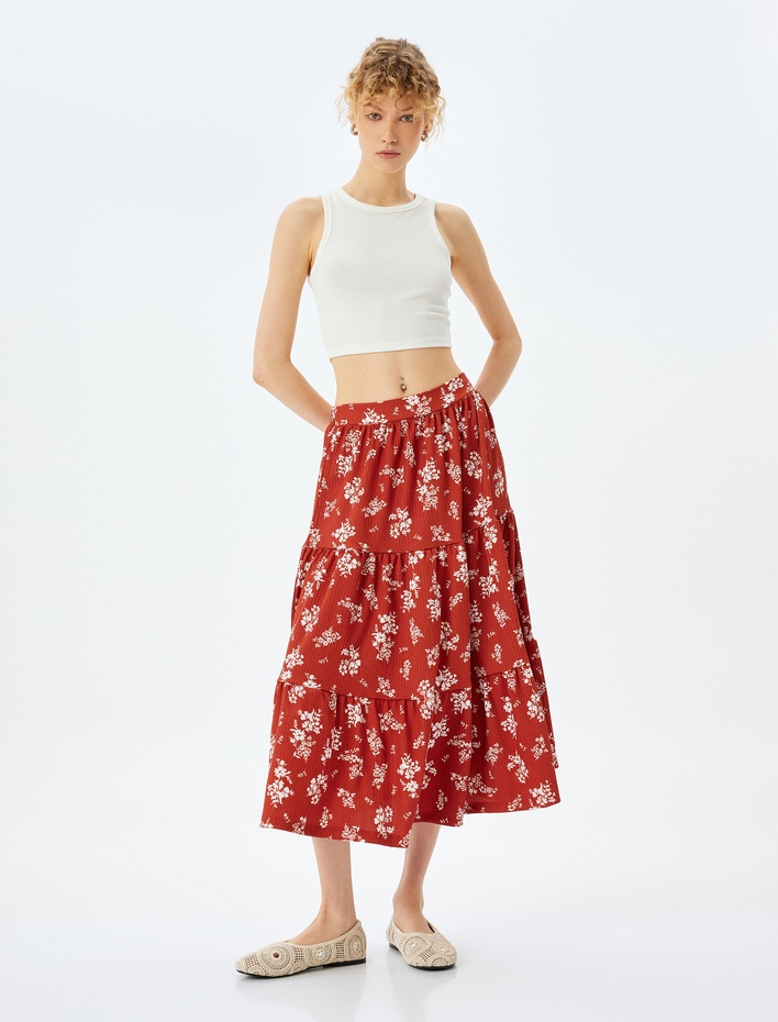  Katlı Çiçekli Volanlı Yüksek Bel Midi Etek Bürümcük