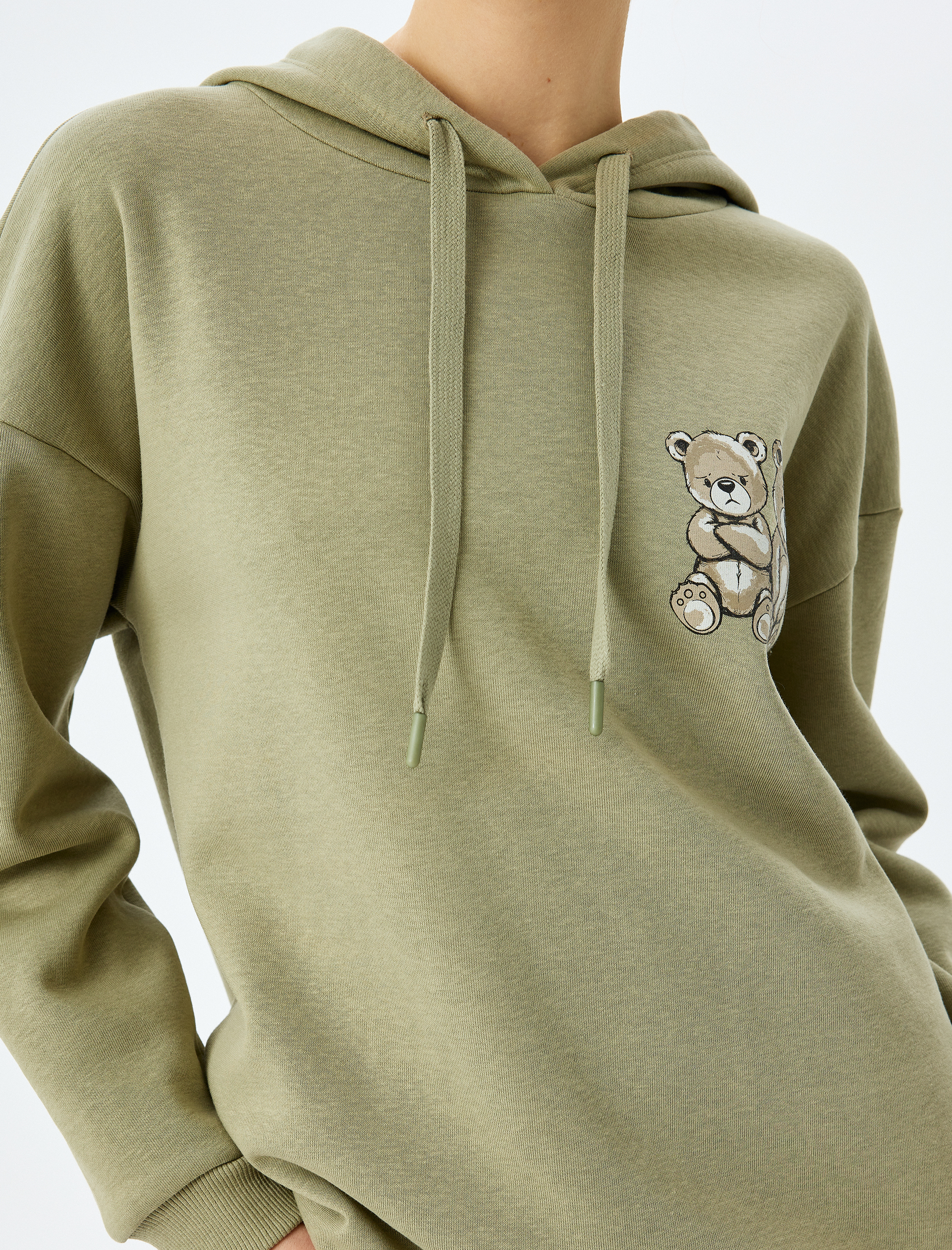   Şardonlu Arkası Ayı Baskılı Kapüşonlu Uzun Kollu Sweatshirt