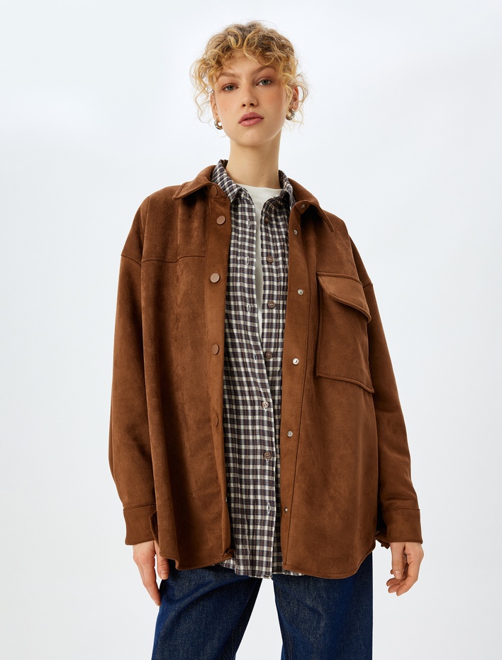  Süet Görünümlü Oversize Düğmeli Cepli Gömlek Ceket