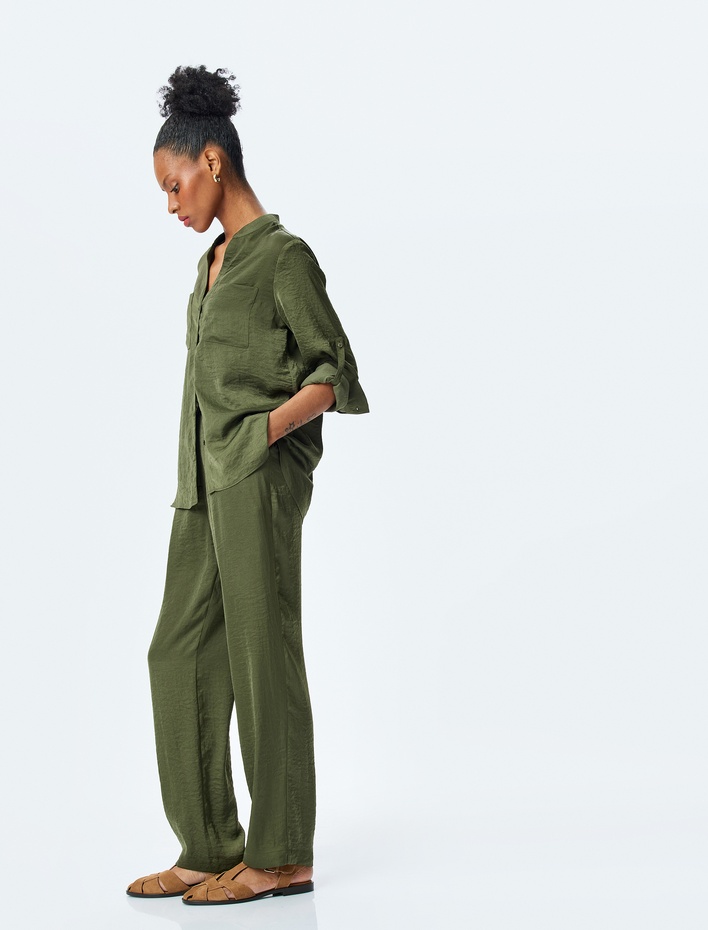  Pile Detaylı Cepli Bol Paça Aerobin Saten Pantolon