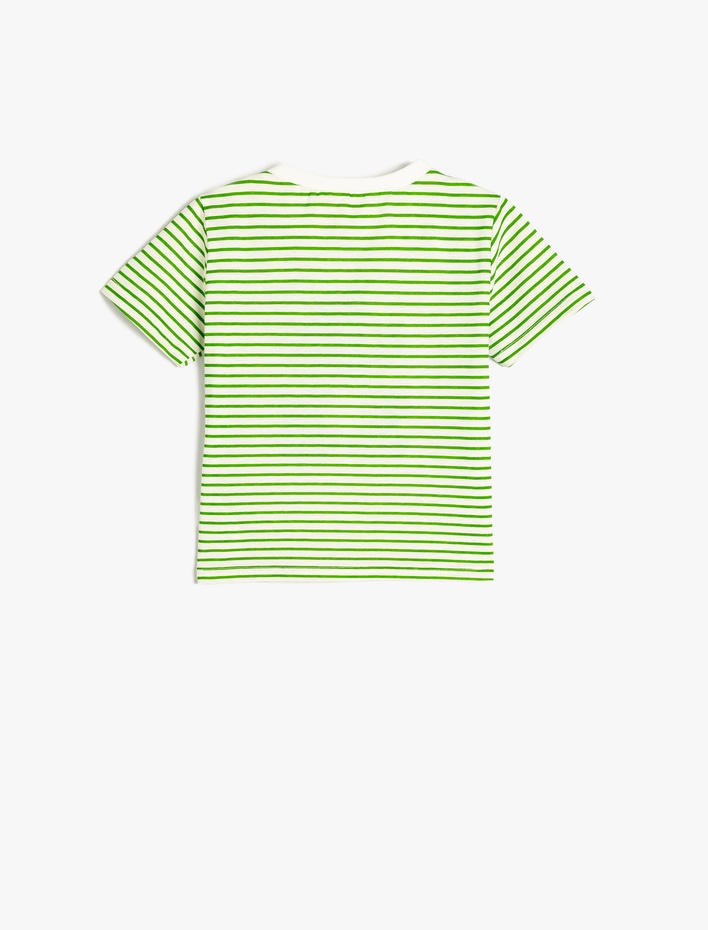 Erkek Bebek Kurbağa Nakış Detaylı Çizgili Pamuklu Kısa Kollu Tişört