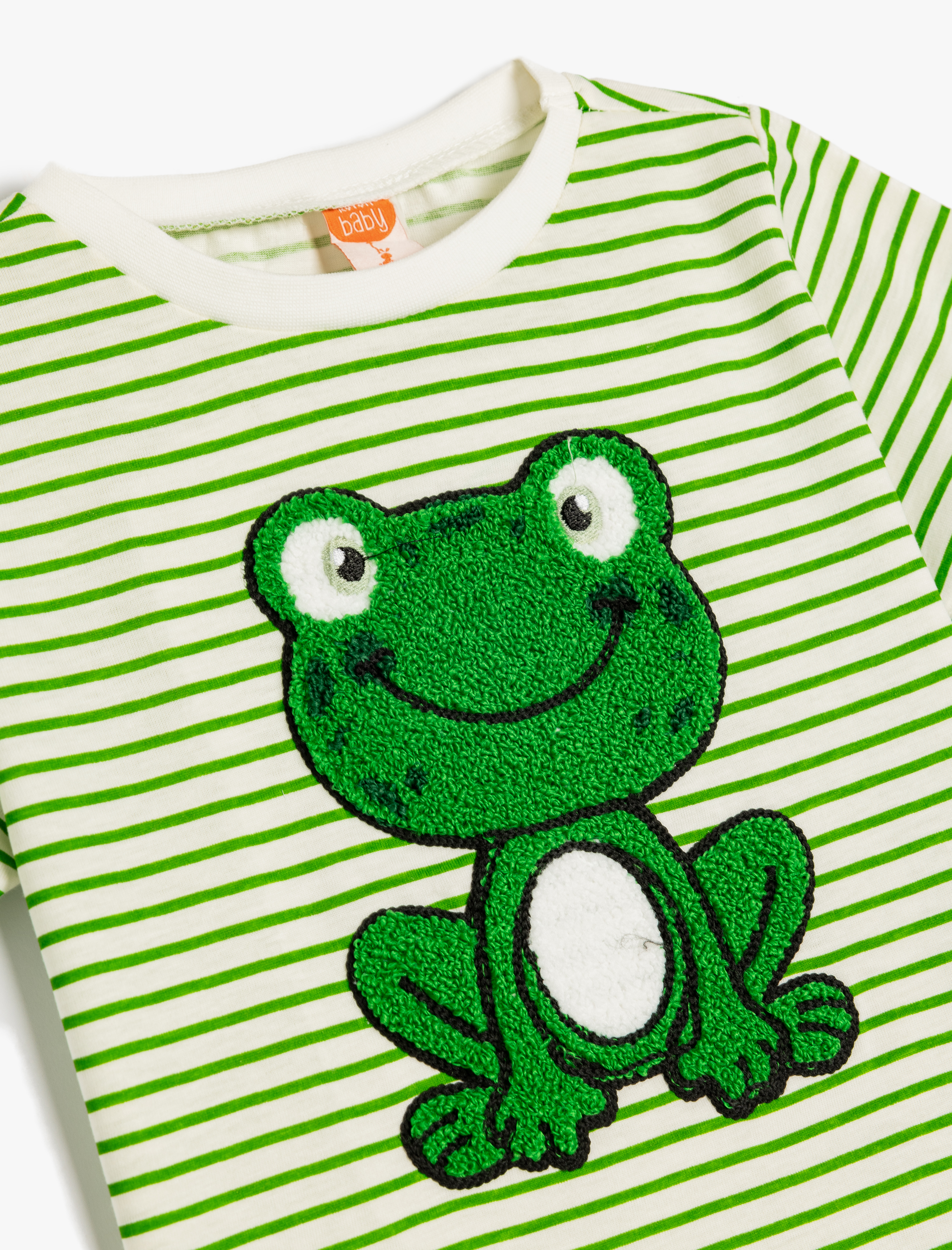 Erkek Bebek Kurbağa Nakış Detaylı Çizgili Pamuklu Kısa Kollu Tişört
