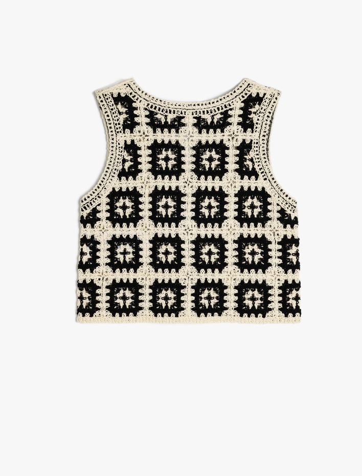 Kız Çocuk Örgü Detaylı Kolsuz V Yaka Pamuklu Triko Yelek