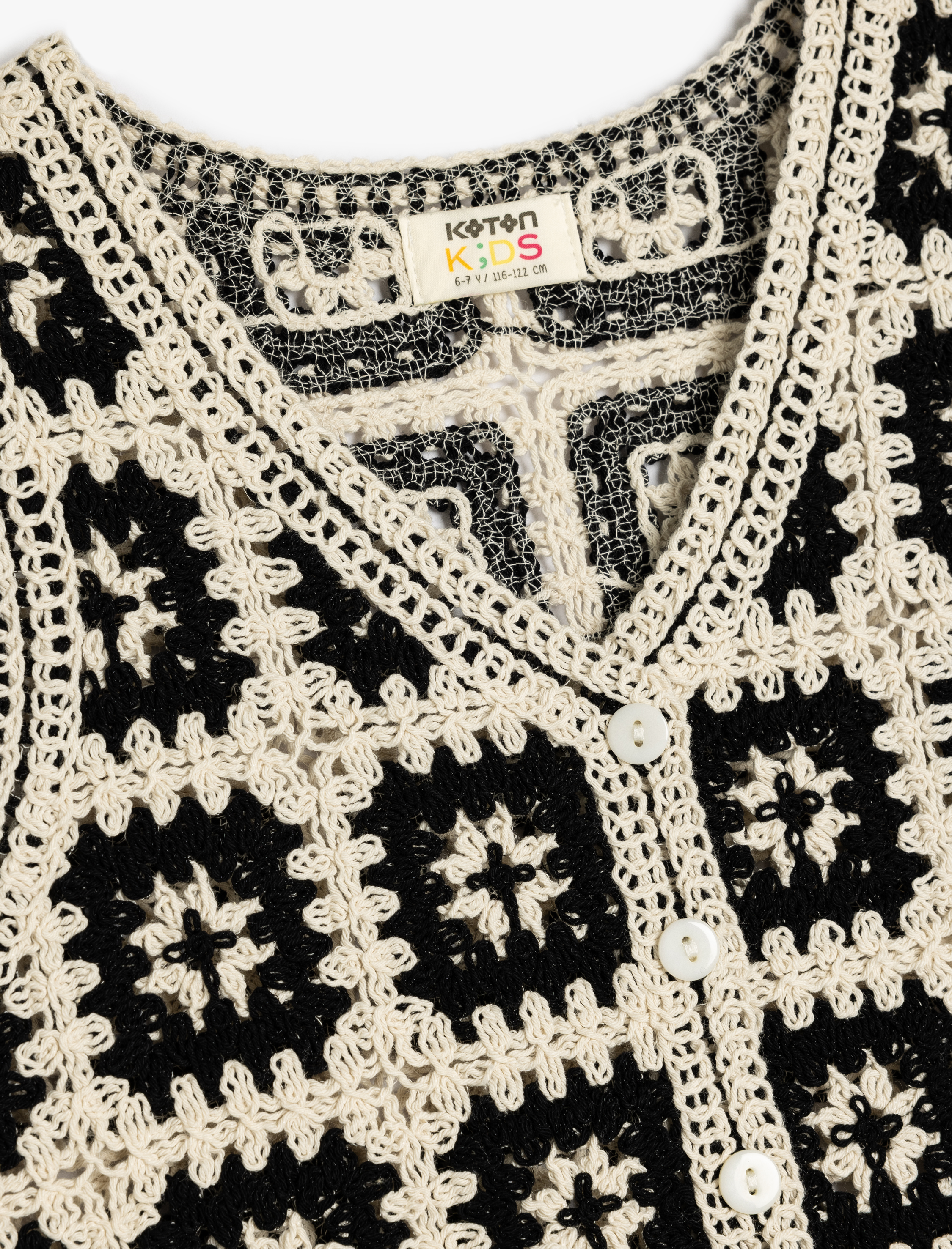  Kız Çocuk Örgü Detaylı Kolsuz V Yaka Pamuklu Triko Yelek