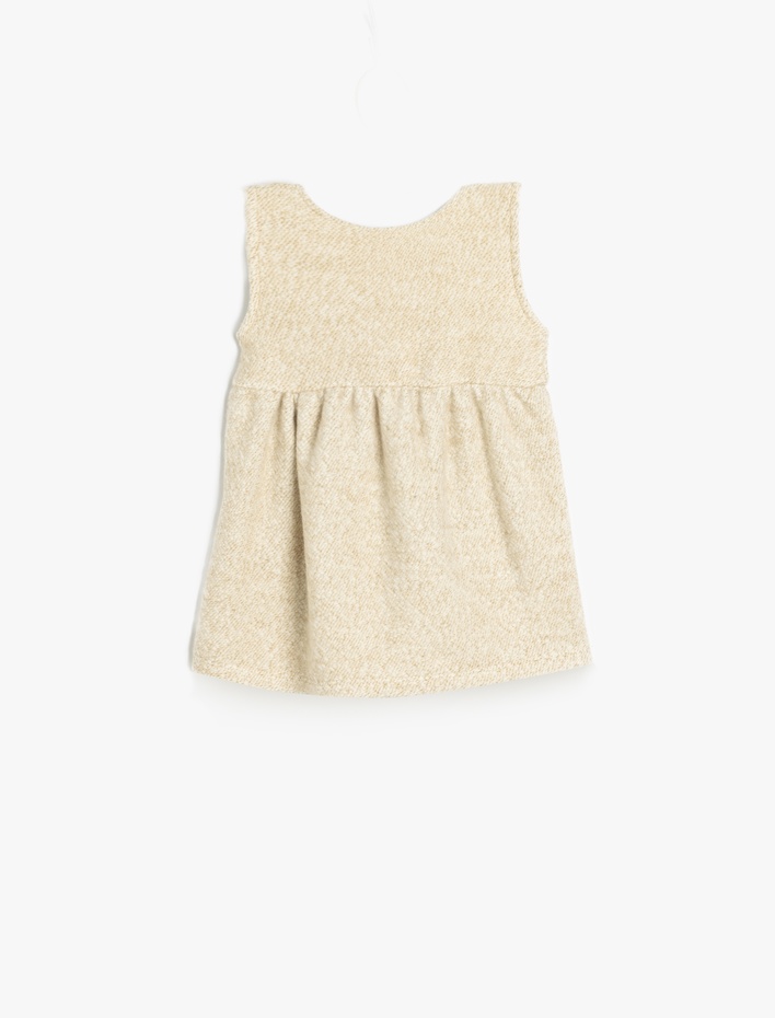 Kız Bebek Cep ve Düğme Detaylı Yuvarlak Yaka Askılı Jile Elbise