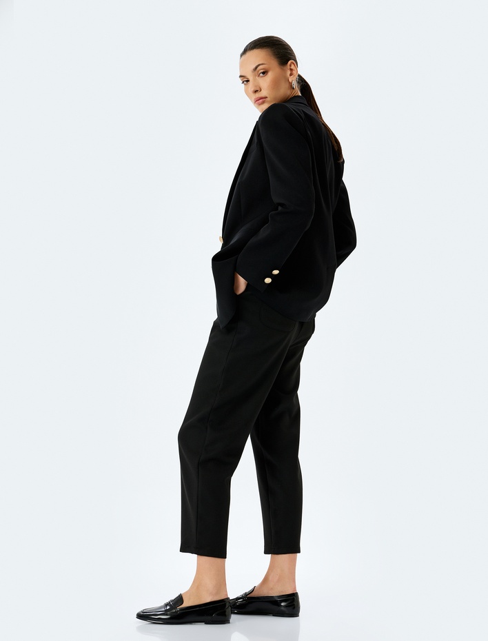  Beli Lastikli Yüksek Bel Cepli Kumaş Pantolon