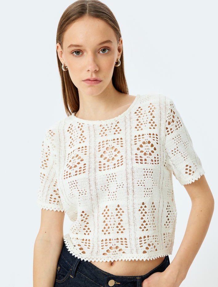  Ajurlu Bisiklet Yaka Kısa Kollu Crop Tişört