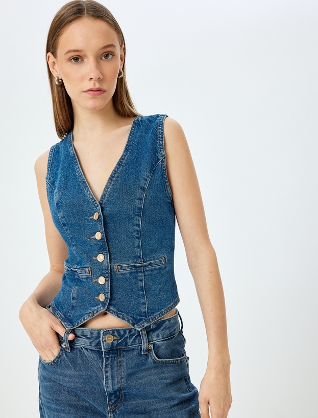 Düğmeli V Yaka Kolsuz Denim Yelek_1