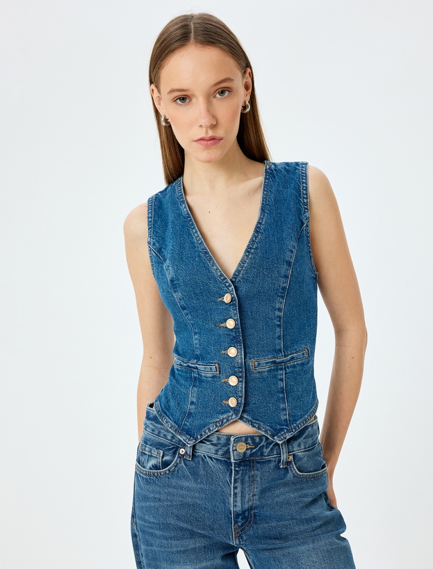 Düğmeli V Yaka Kolsuz Denim Yelek_2