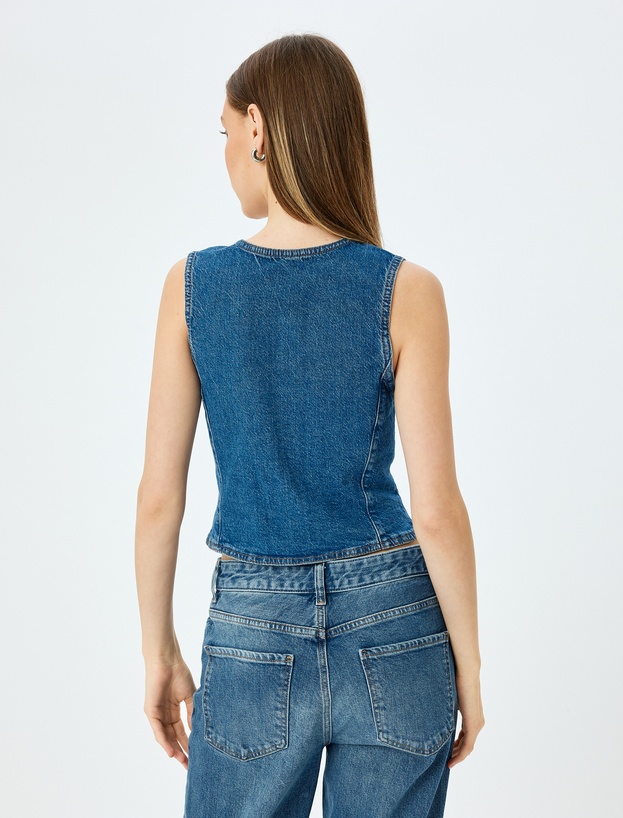 Düğmeli V Yaka Kolsuz Denim Yelek_3