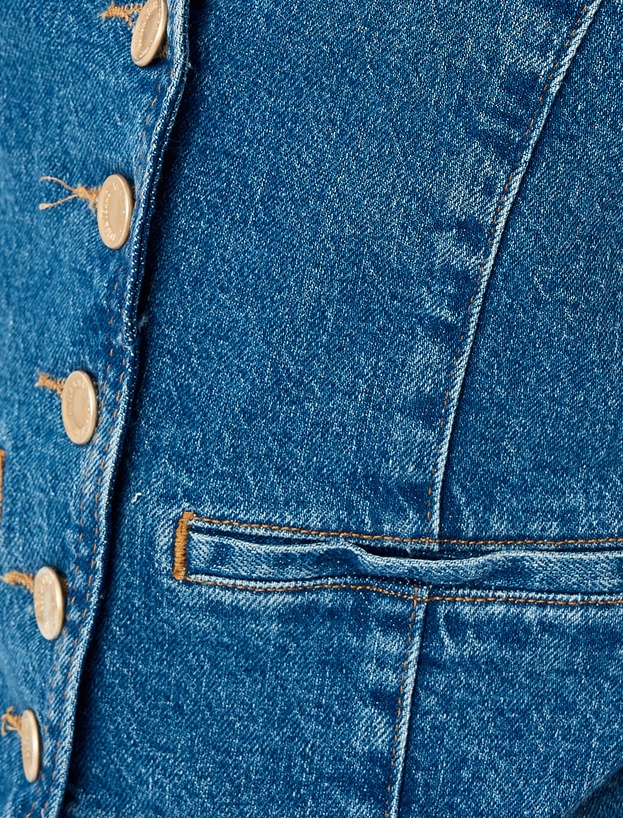 Düğmeli V Yaka Kolsuz Denim Yelek_5