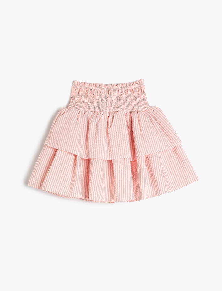 Kız Çocuk Yüksek Belli Katlı Gipe Detaylı Çizgili Etek