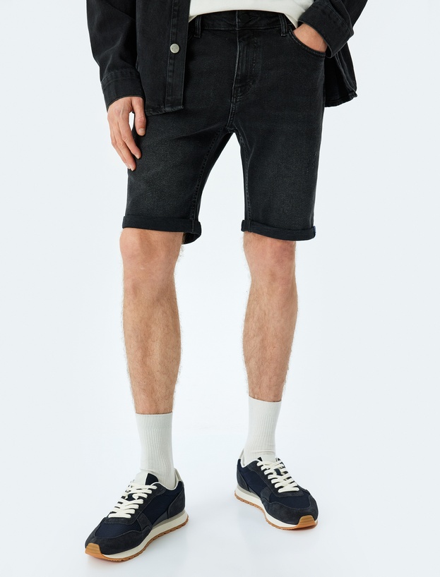 Normal Bel Slim Fit Bermuda Kot Şort_2