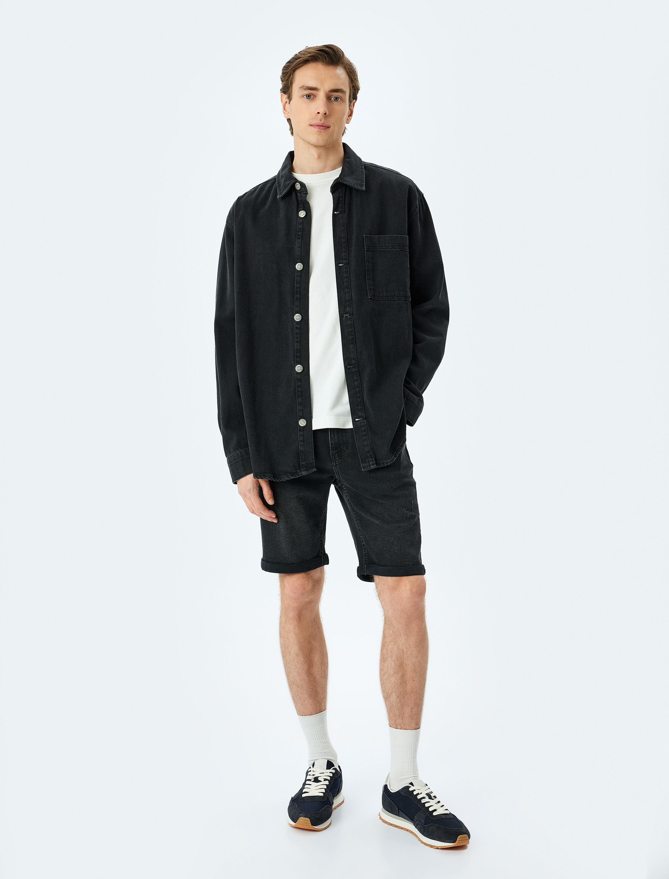   Normal Bel Slim Fit Bermuda Kot Şort