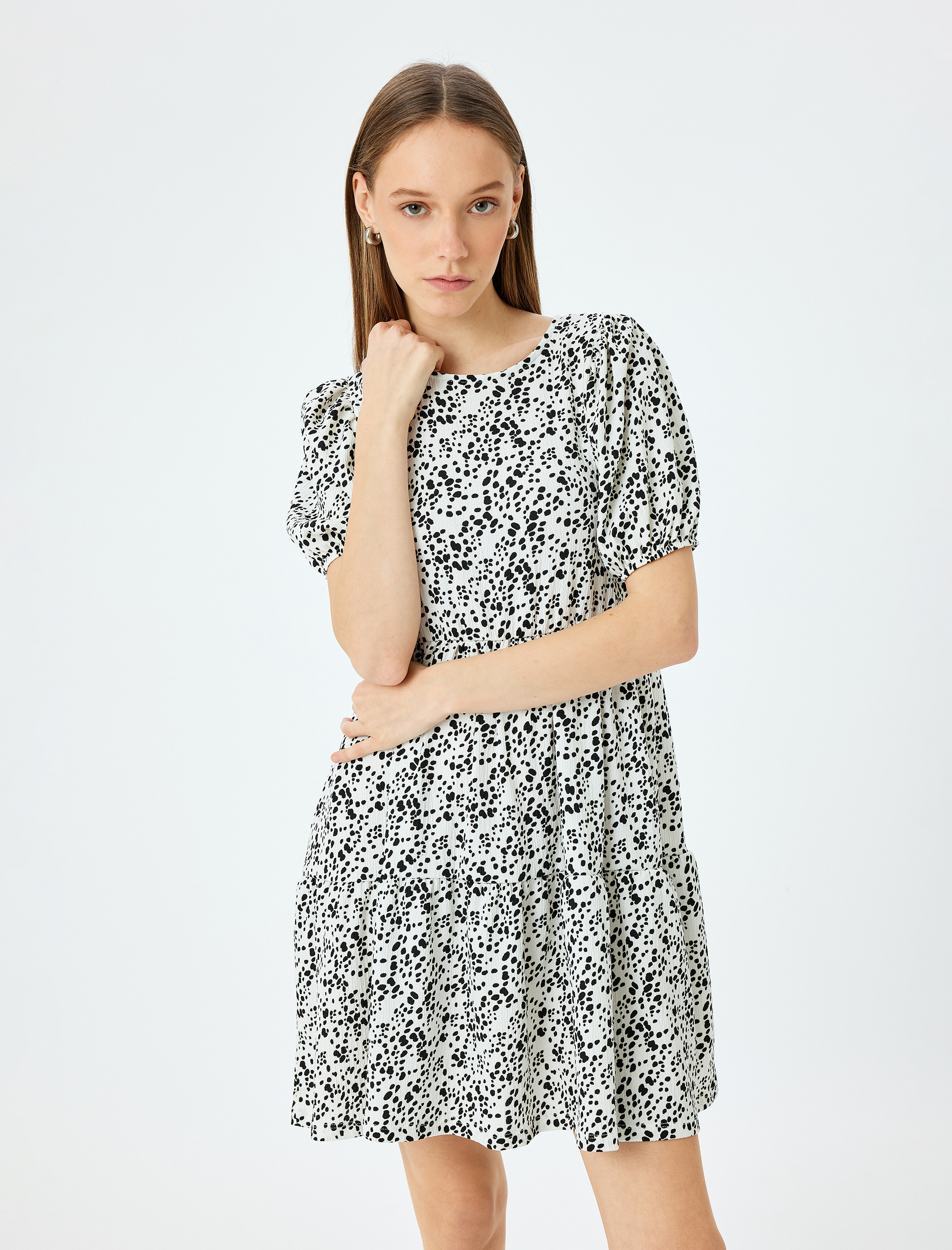   Volanlı Balon Kollu Mini Elbise Bürümcük