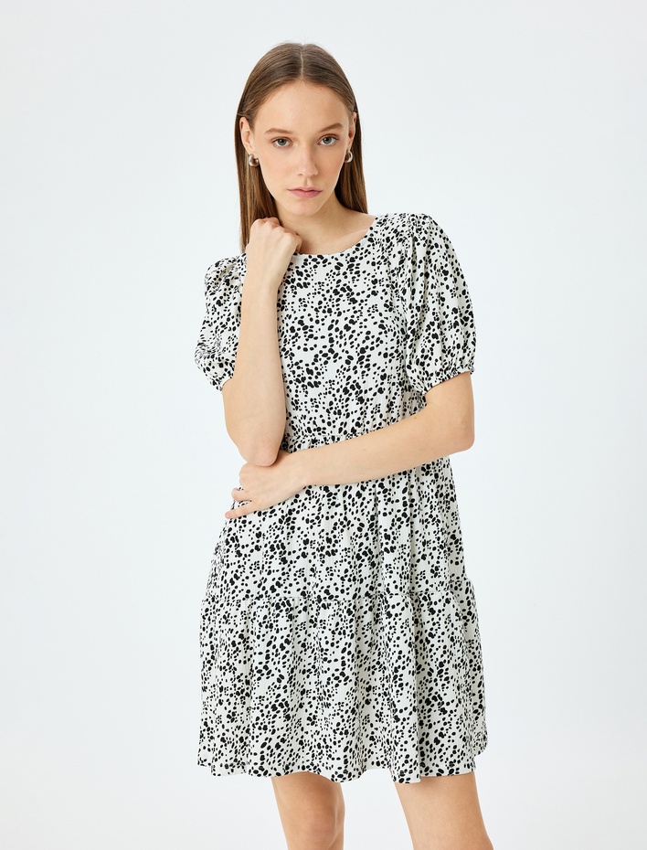  Volanlı Balon Kollu Mini Elbise Bürümcük