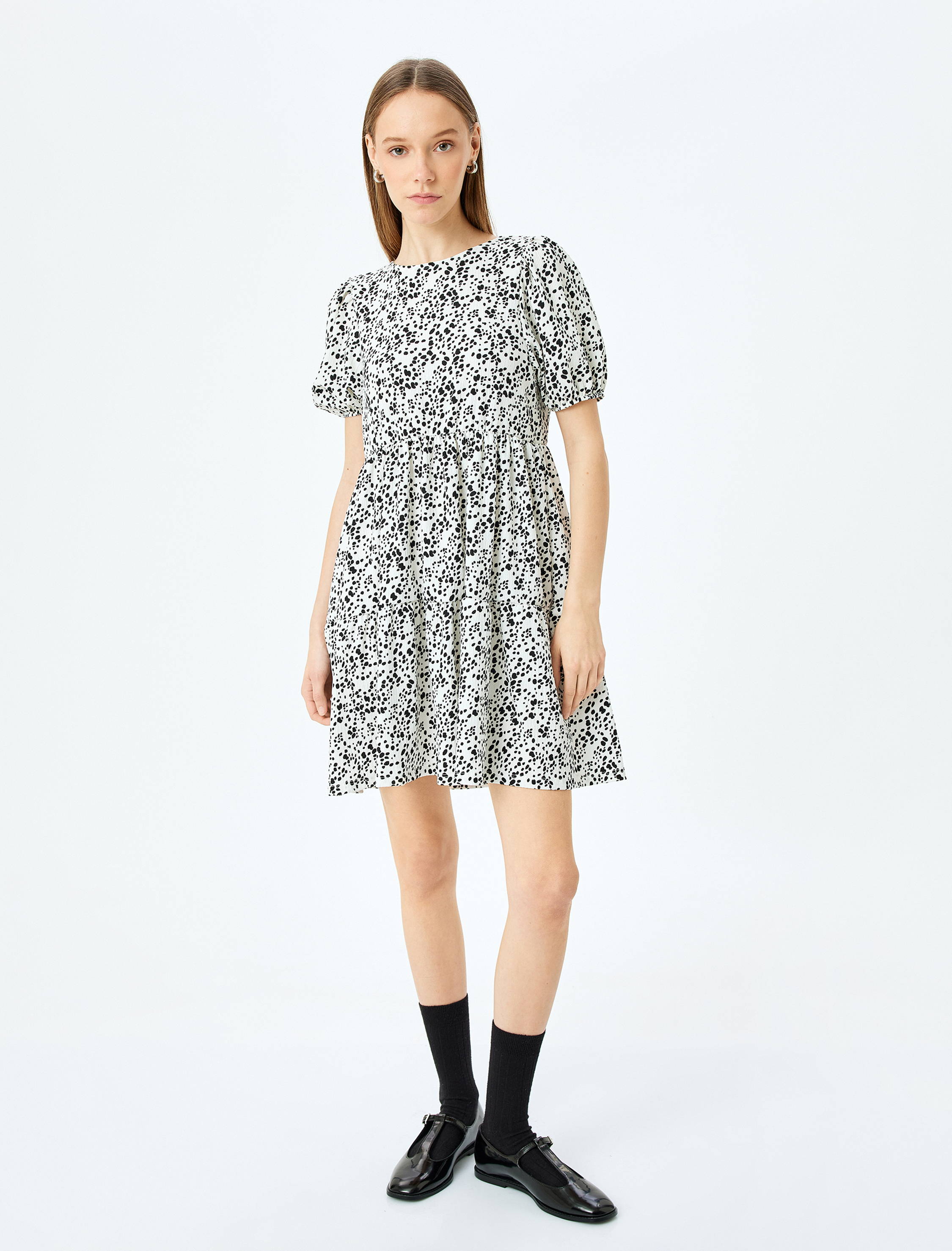   Volanlı Balon Kollu Mini Elbise Bürümcük