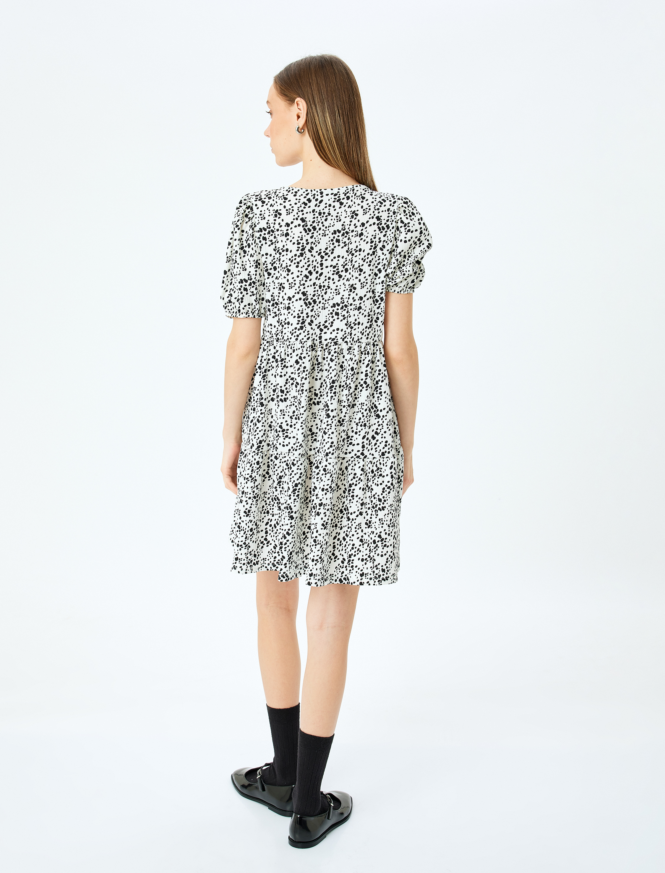   Volanlı Balon Kollu Mini Elbise Bürümcük