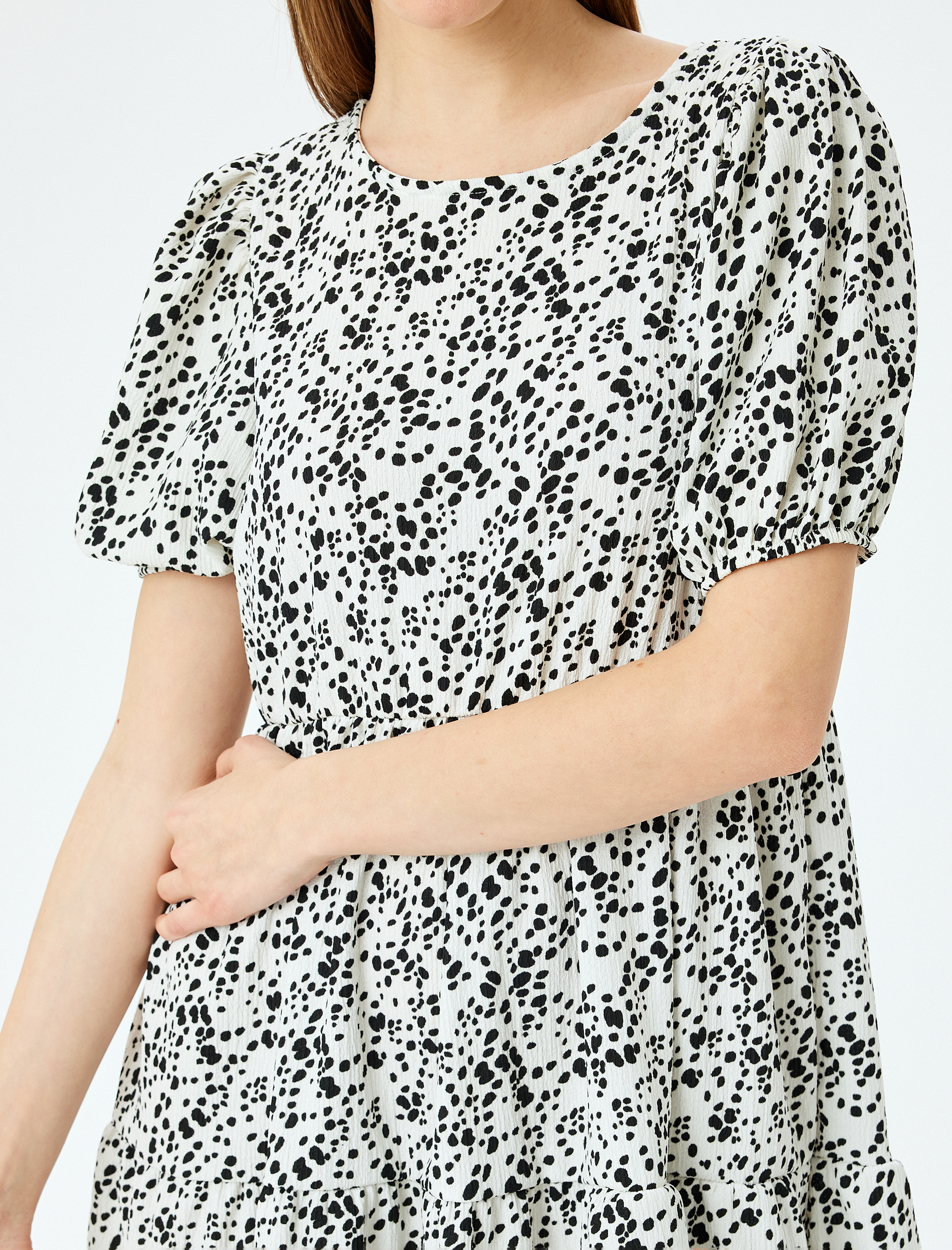   Volanlı Balon Kollu Mini Elbise Bürümcük