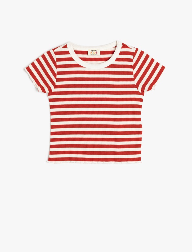 Kısa Kollu Bisiklet Yaka Çizgili Crop Tişört_0
