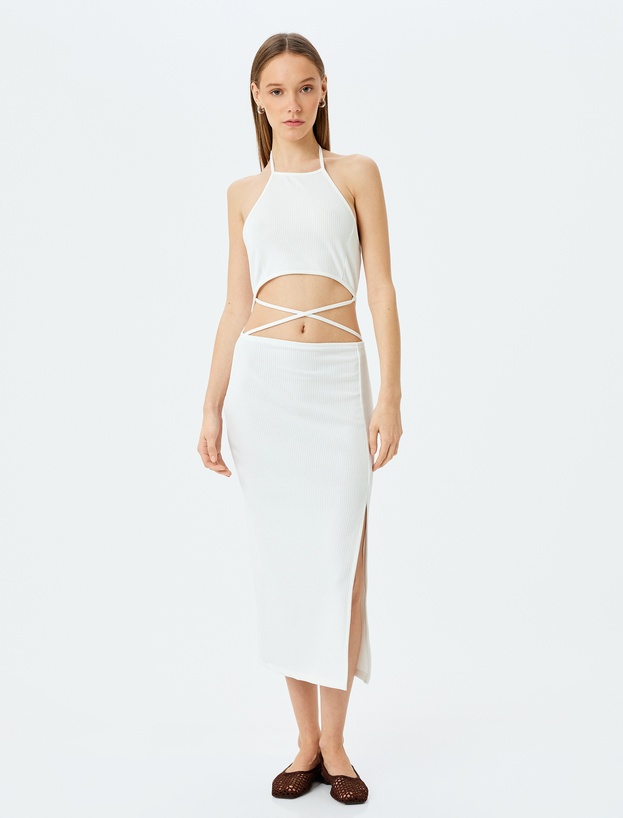 Halter Yaka Pencere Detaylı Kolsuz Midi Elbise_2