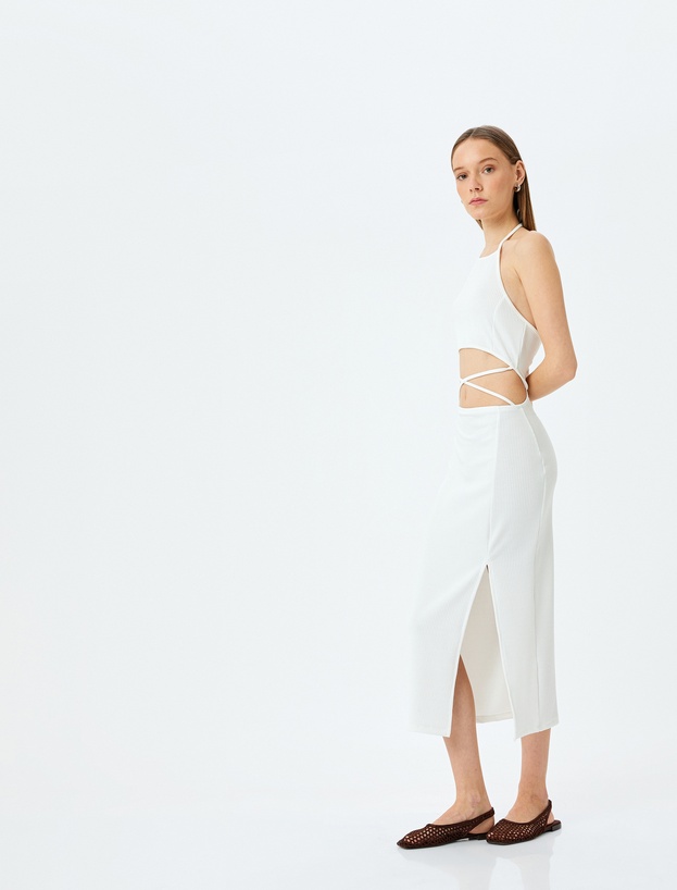 Halter Yaka Pencere Detaylı Kolsuz Midi Elbise_0