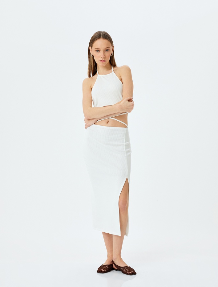  Halter Yaka Pencere Detaylı Kolsuz Midi Elbise Bürümcük