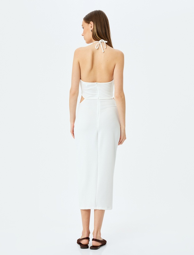 Halter Yaka Pencere Detaylı Kolsuz Midi Elbise_3