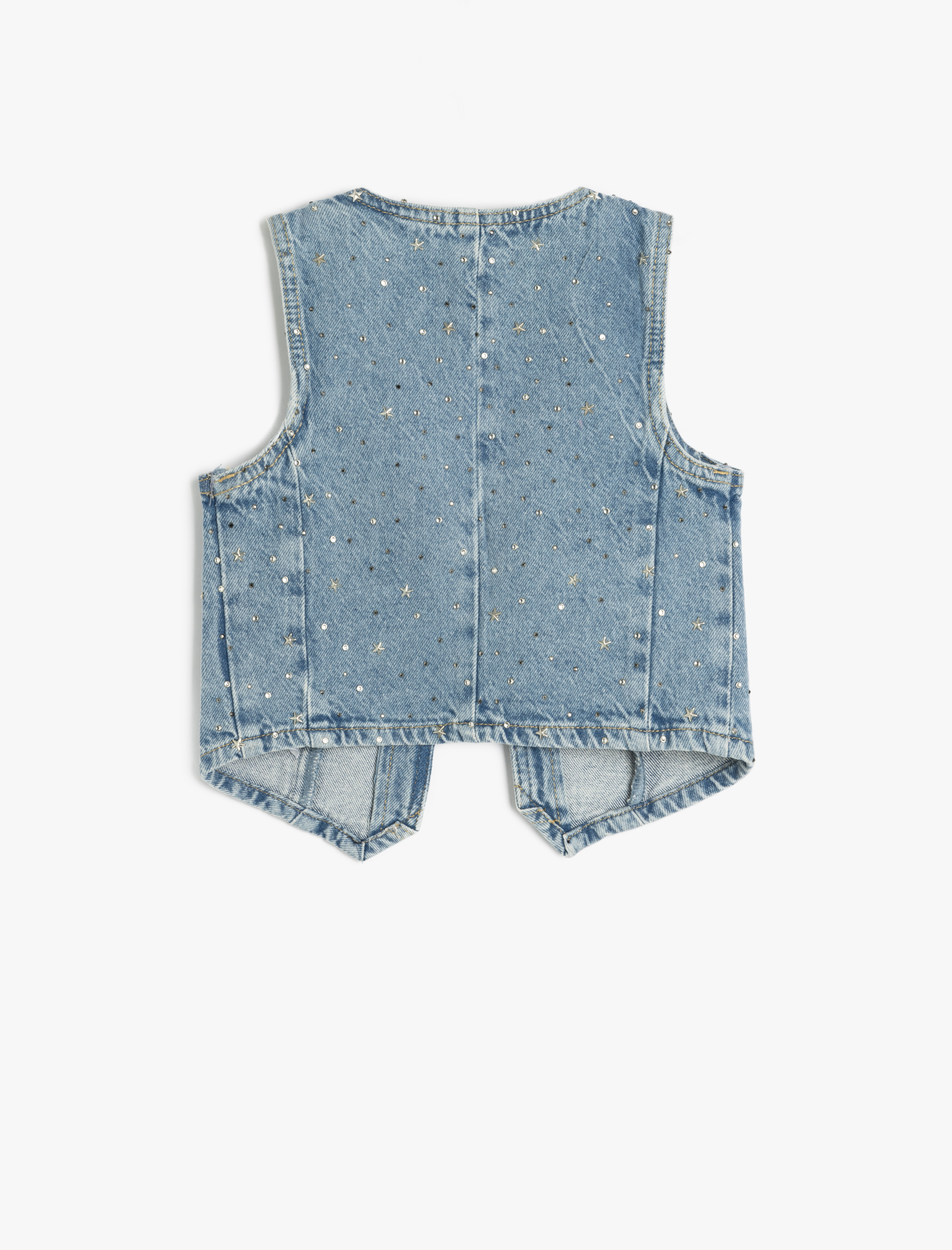  Kız Çocuk Yıldız Detaylı V Yaka Kolsuz Pamuklu Crop Denim Yelek