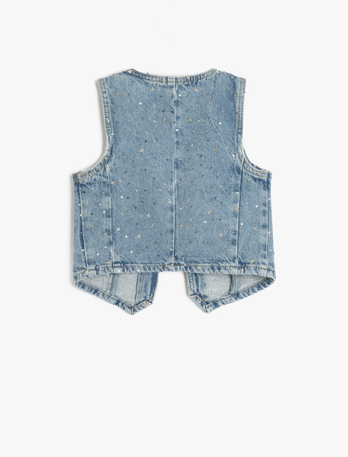 Kız Çocuk Yıldız Detaylı V Yaka Kolsuz Pamuklu Crop Denim Yelek
