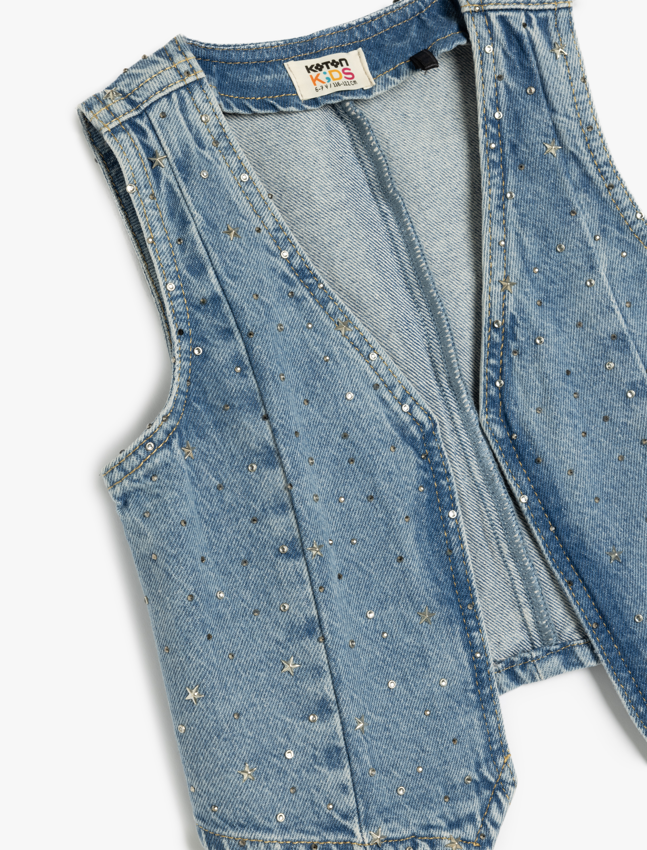  Kız Çocuk Yıldız Detaylı V Yaka Kolsuz Pamuklu Crop Denim Yelek