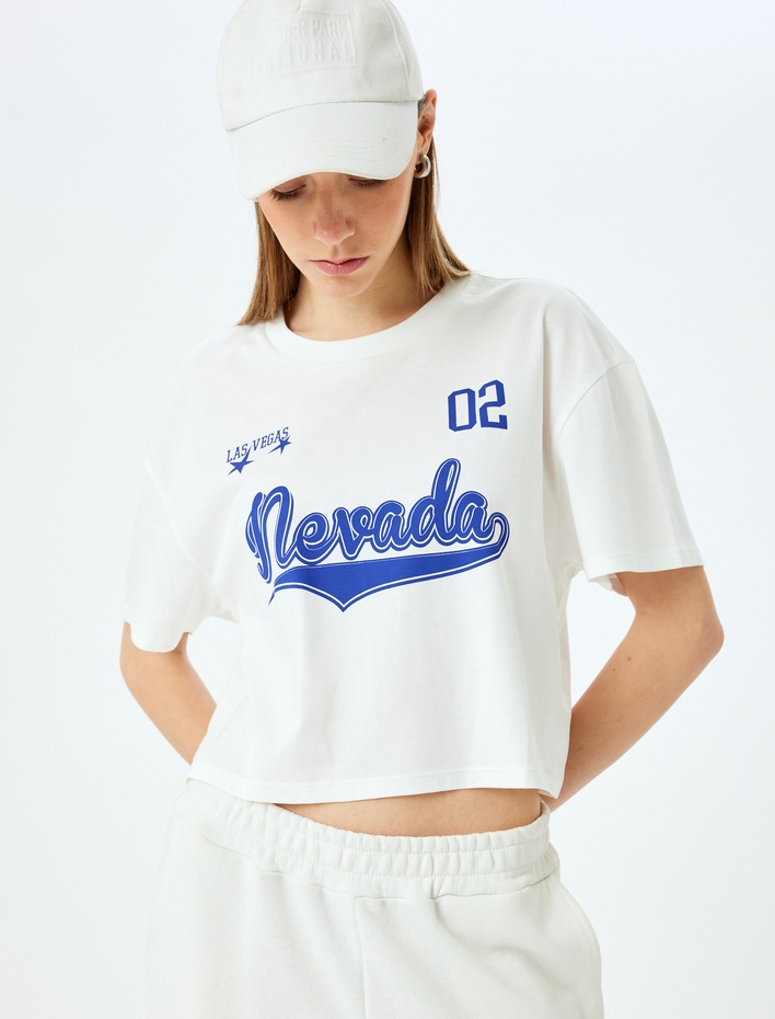  Kolej Baskılı Bisiklet Yaka Kısa Kollu Crop Tişört