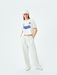 Kolej Baskılı Bisiklet Yaka Kısa Kollu Crop Tişört