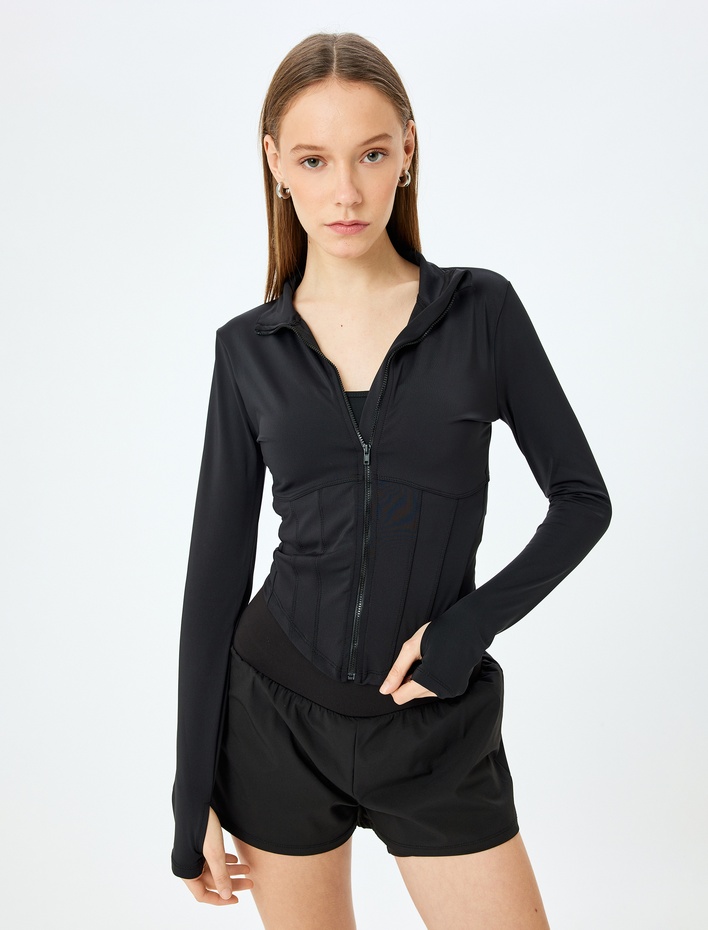  Fermuarlı Korse Detaylı Dik Yaka Spor Ceket