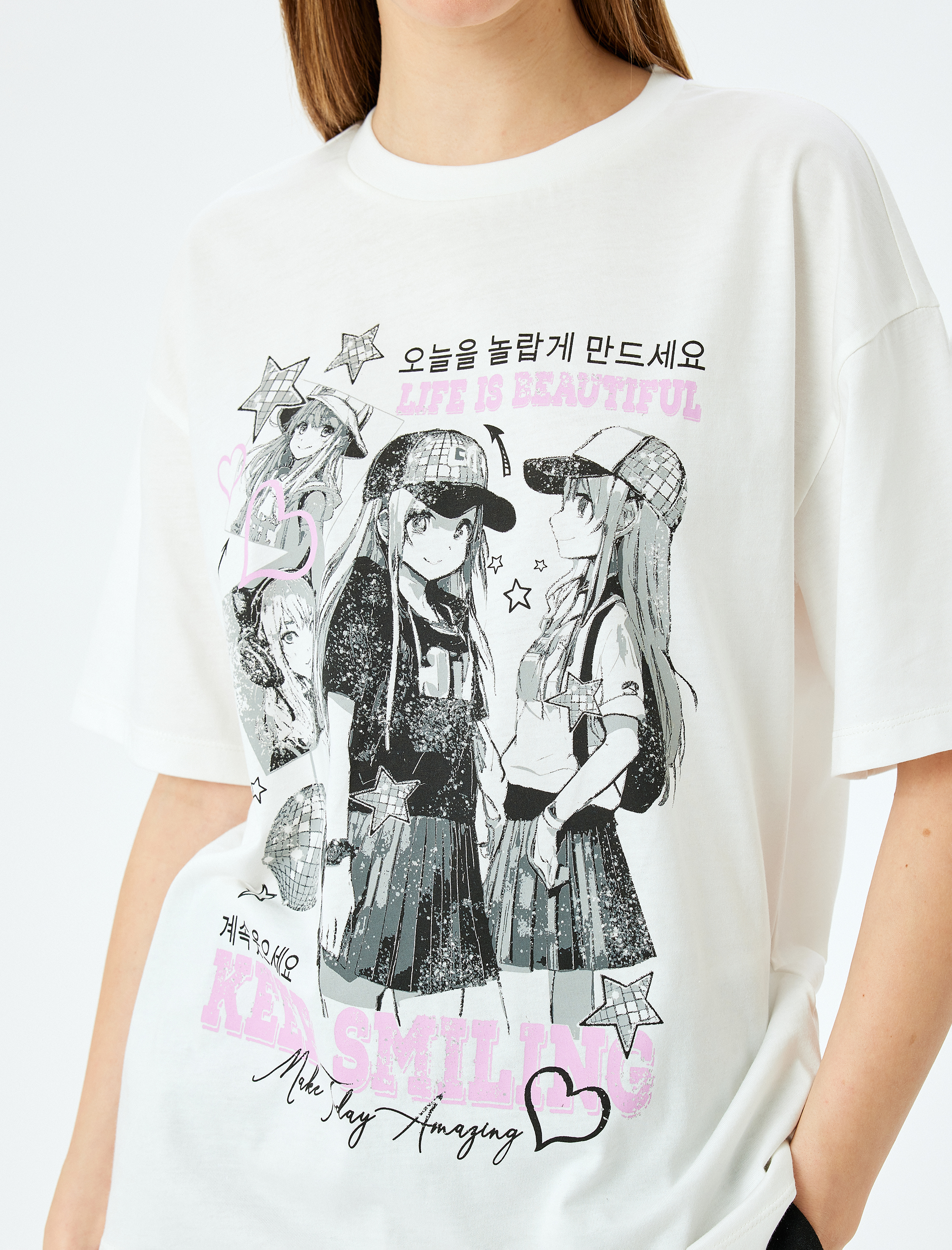   Bisiklet Yaka Kısa Kollu Baskılı Oversize Anime Tişört