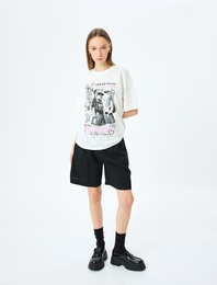 Bisiklet Yaka Kısa Kollu Baskılı Oversize Anime Tişört