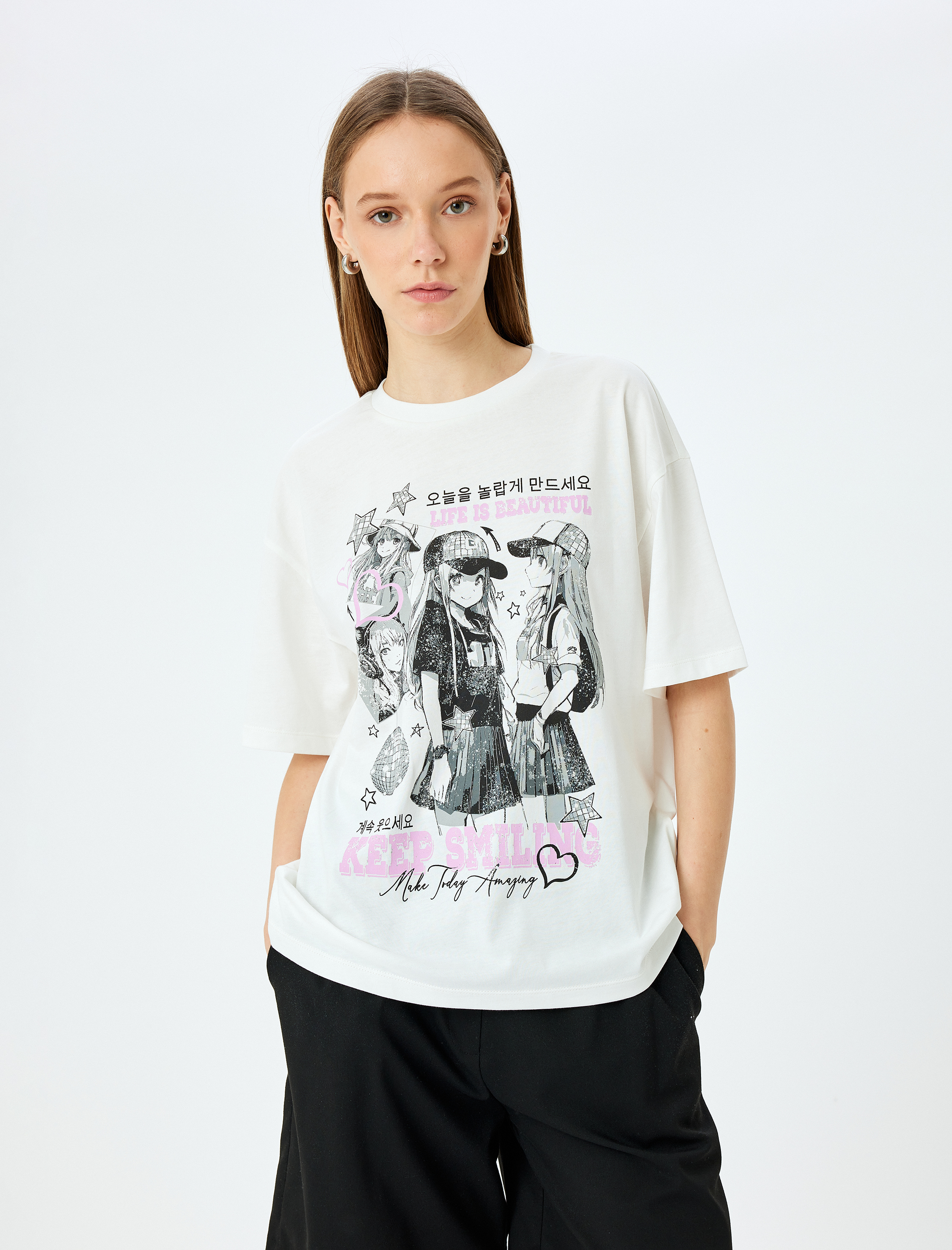   Bisiklet Yaka Kısa Kollu Baskılı Oversize Anime Tişört