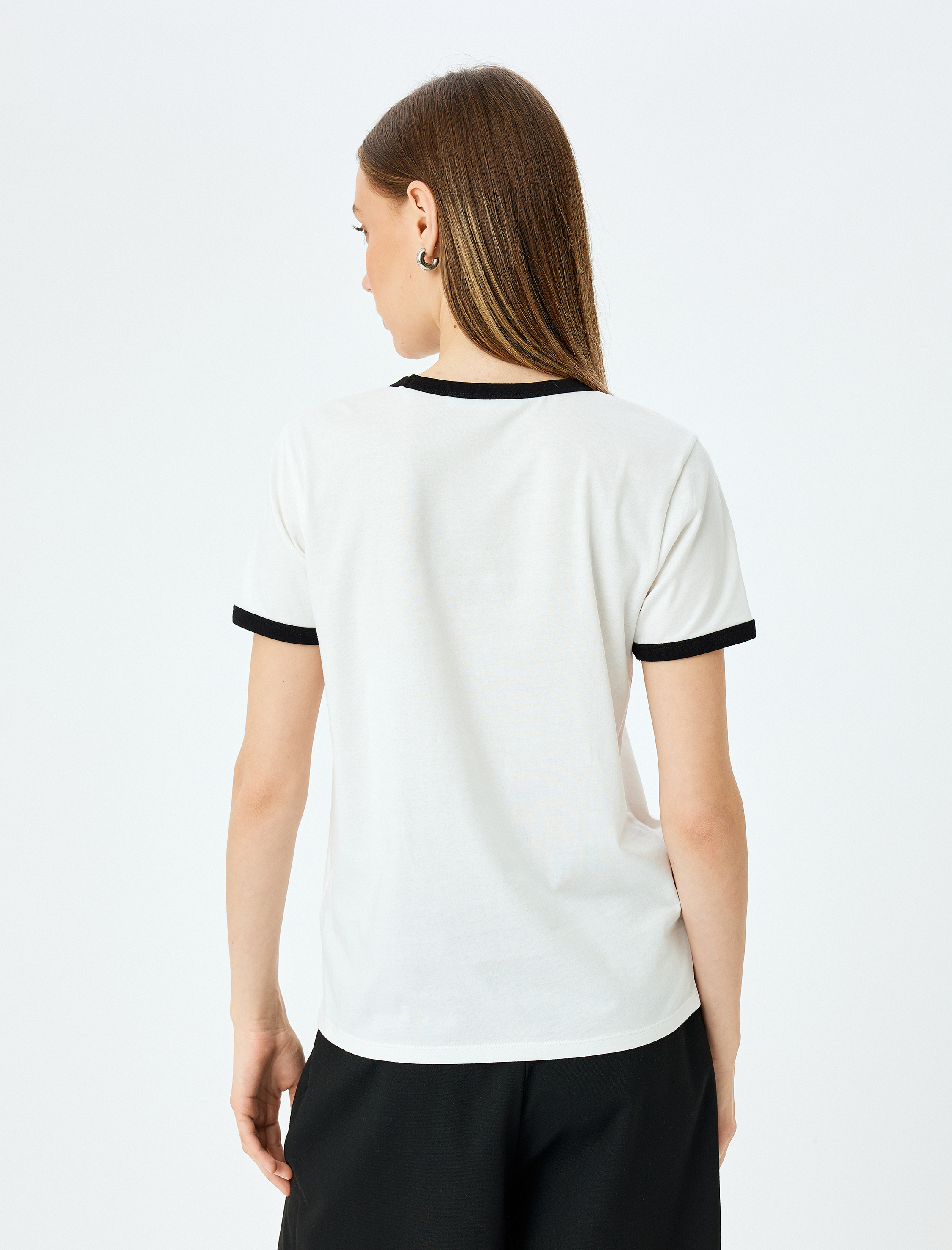   Kaktüs Baskılı Bisiklet Yaka Biyeli Kısa Kollu Tişört