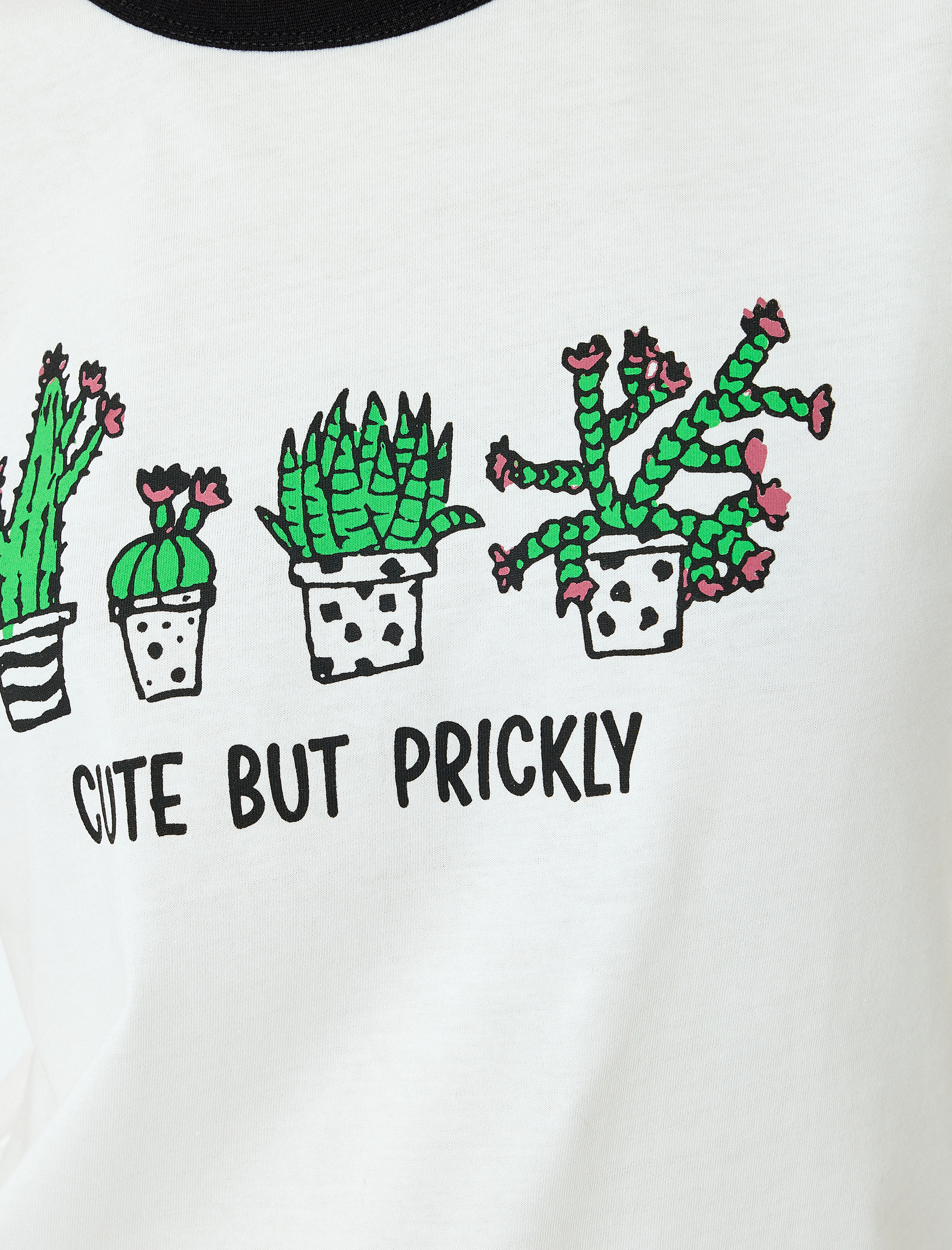   Kaktüs Baskılı Bisiklet Yaka Biyeli Kısa Kollu Tişört