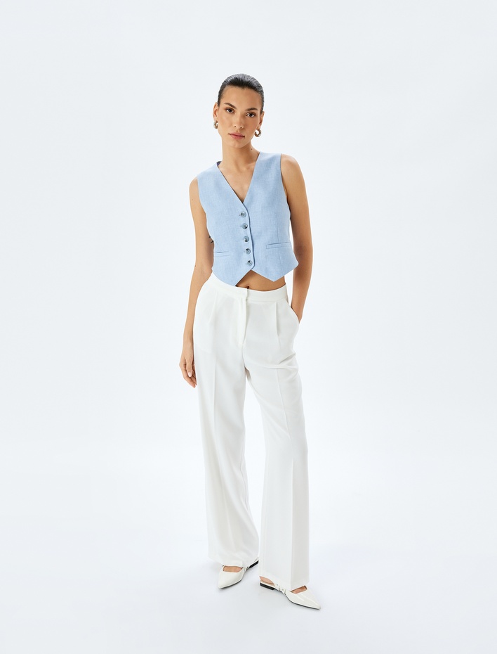  Arkası Kemer Detaylı V Yaka Düğmeli Blazer Yelek