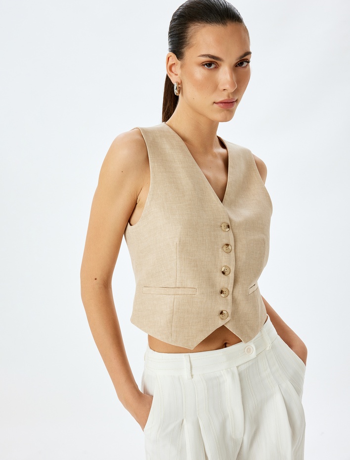  Arkası Kemer Detaylı V Yaka Düğmeli Blazer Yelek