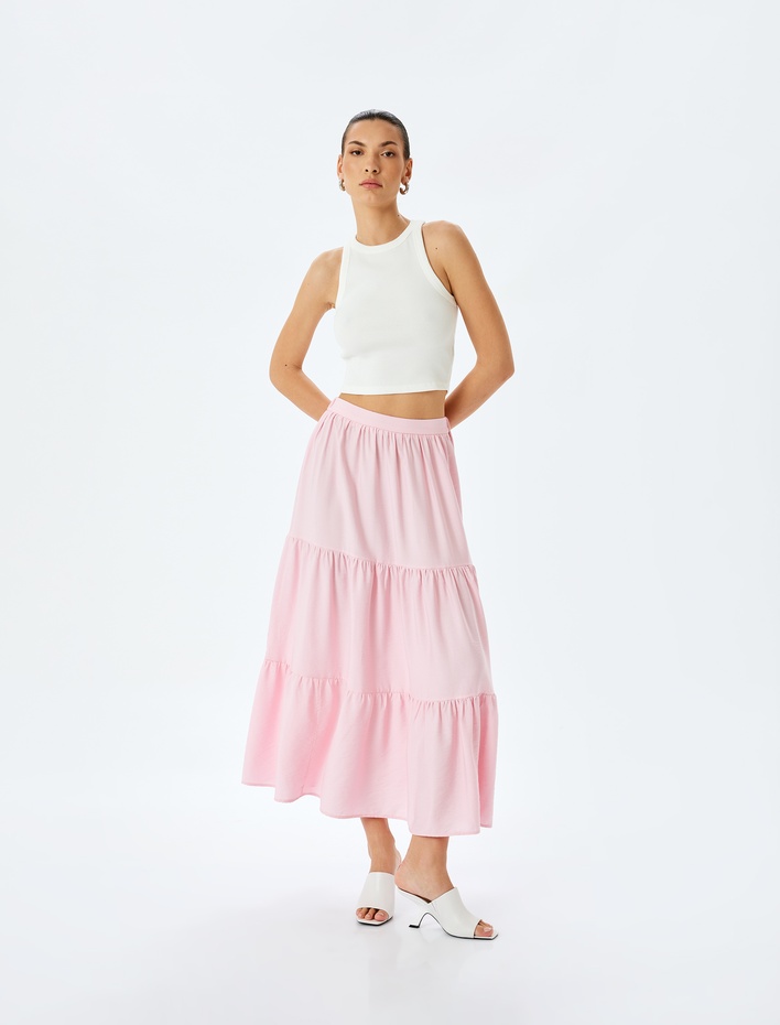  Katmanlı Yüksek Bel Uzun Viskon Etek