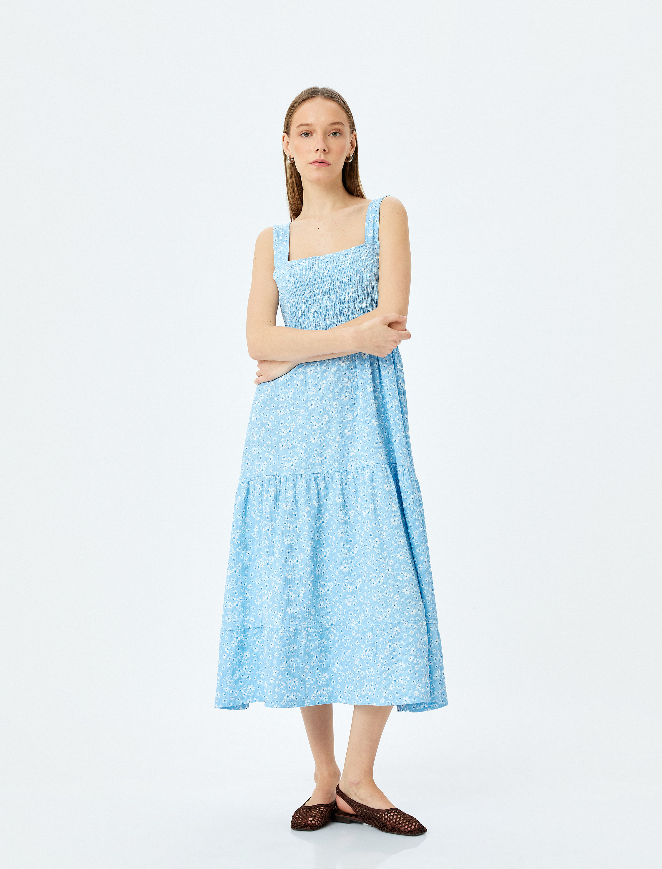   Gipeli Kalın Askılı Çiçekli Midi Kolsuz Elbise Bürümcük