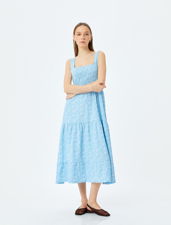  Gipeli Kalın Askılı Çiçekli Midi Kolsuz Elbise Bürümcük