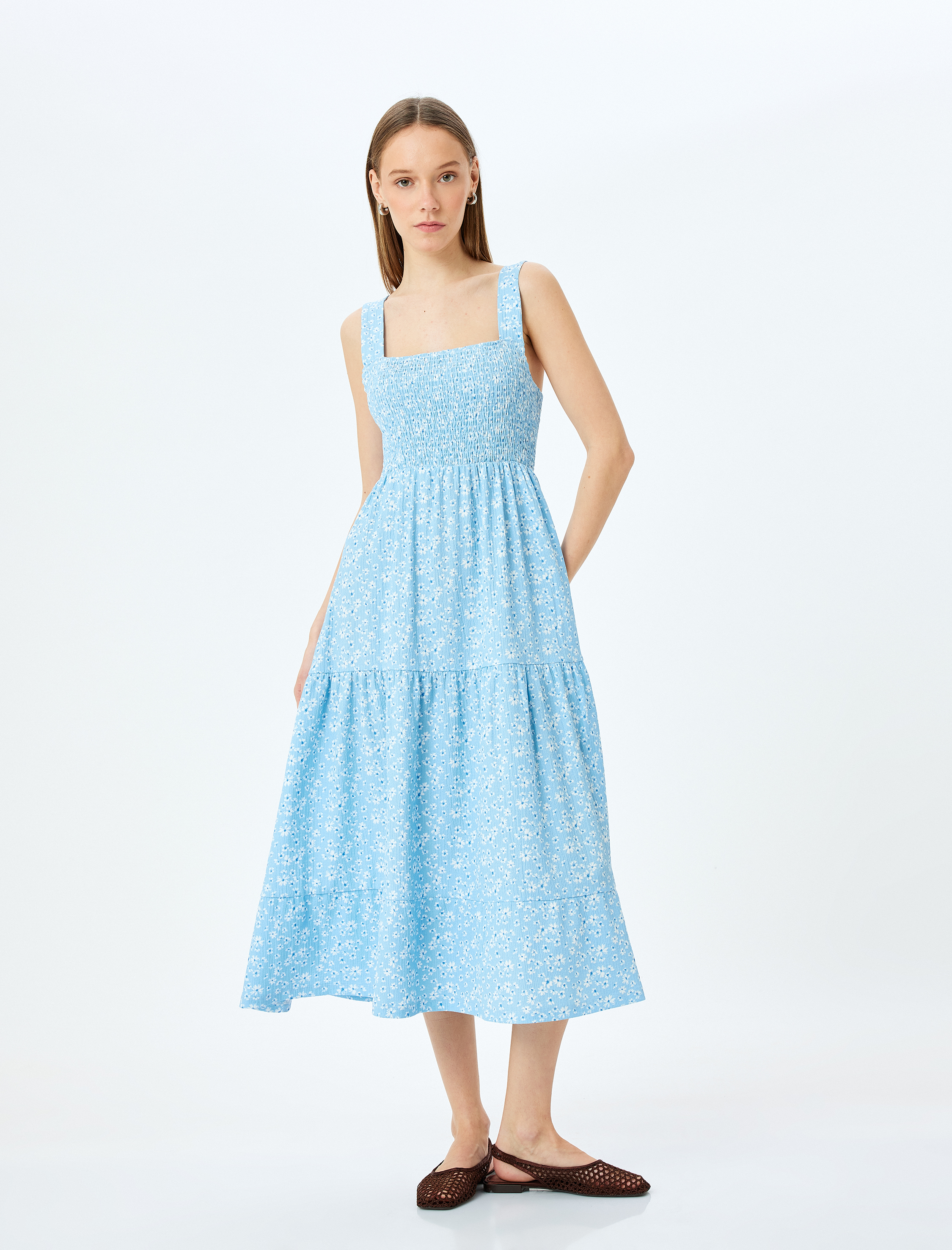   Gipeli Kalın Askılı Çiçekli Midi Kolsuz Elbise Bürümcük