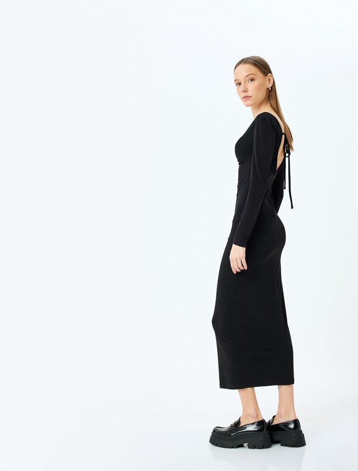  Drapeli Uzun Kollu Midi Degaje Yaka Elbise