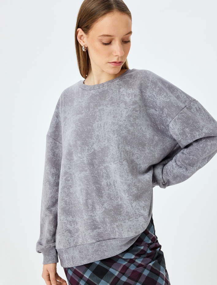  Şardonlu Soyut Baskılı Oversize Yıkamalı Bisiklet Yaka Sweatshirt