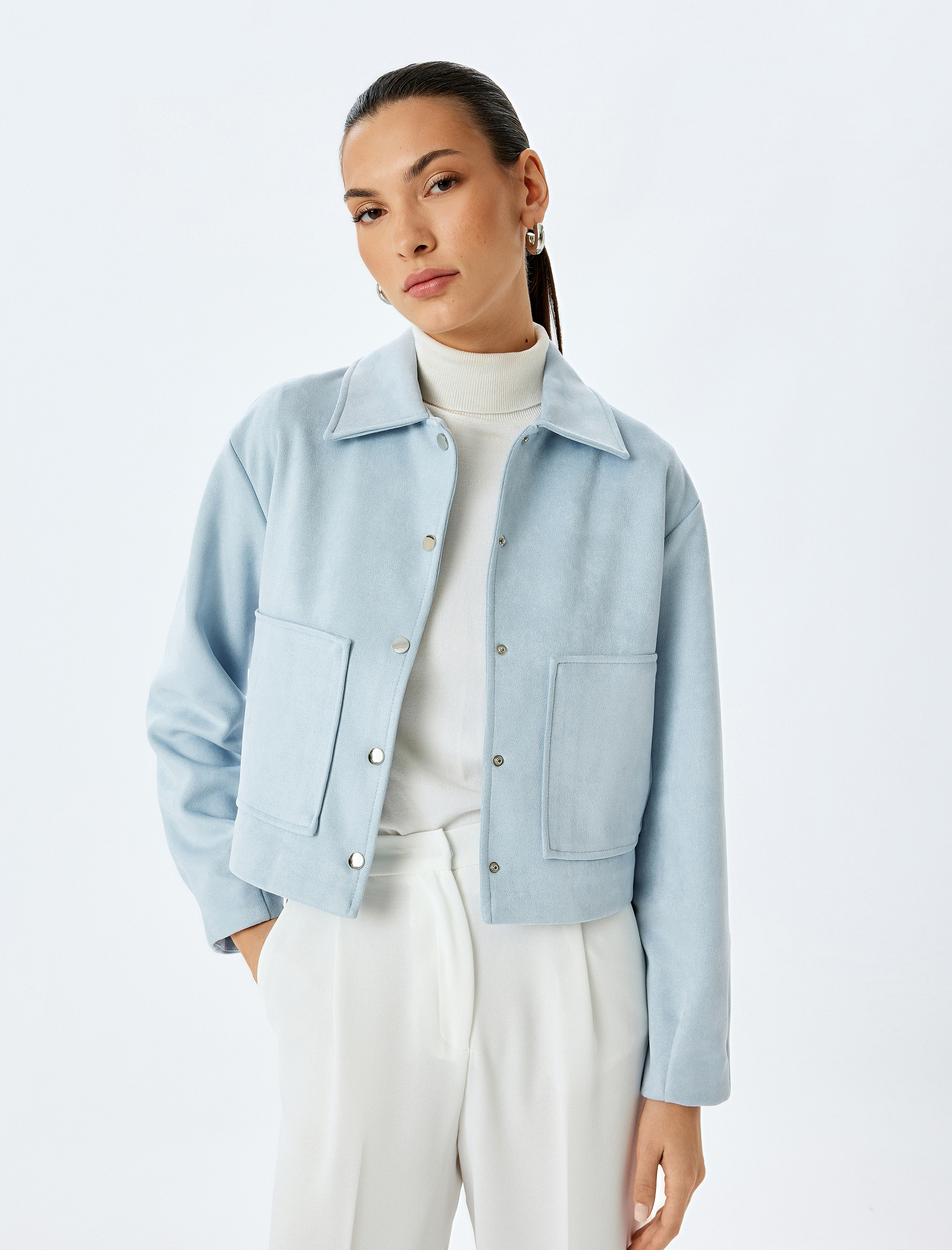   Çıtçıt Düğme Detaylı Cepli Uzun Kollu Crop Ceket