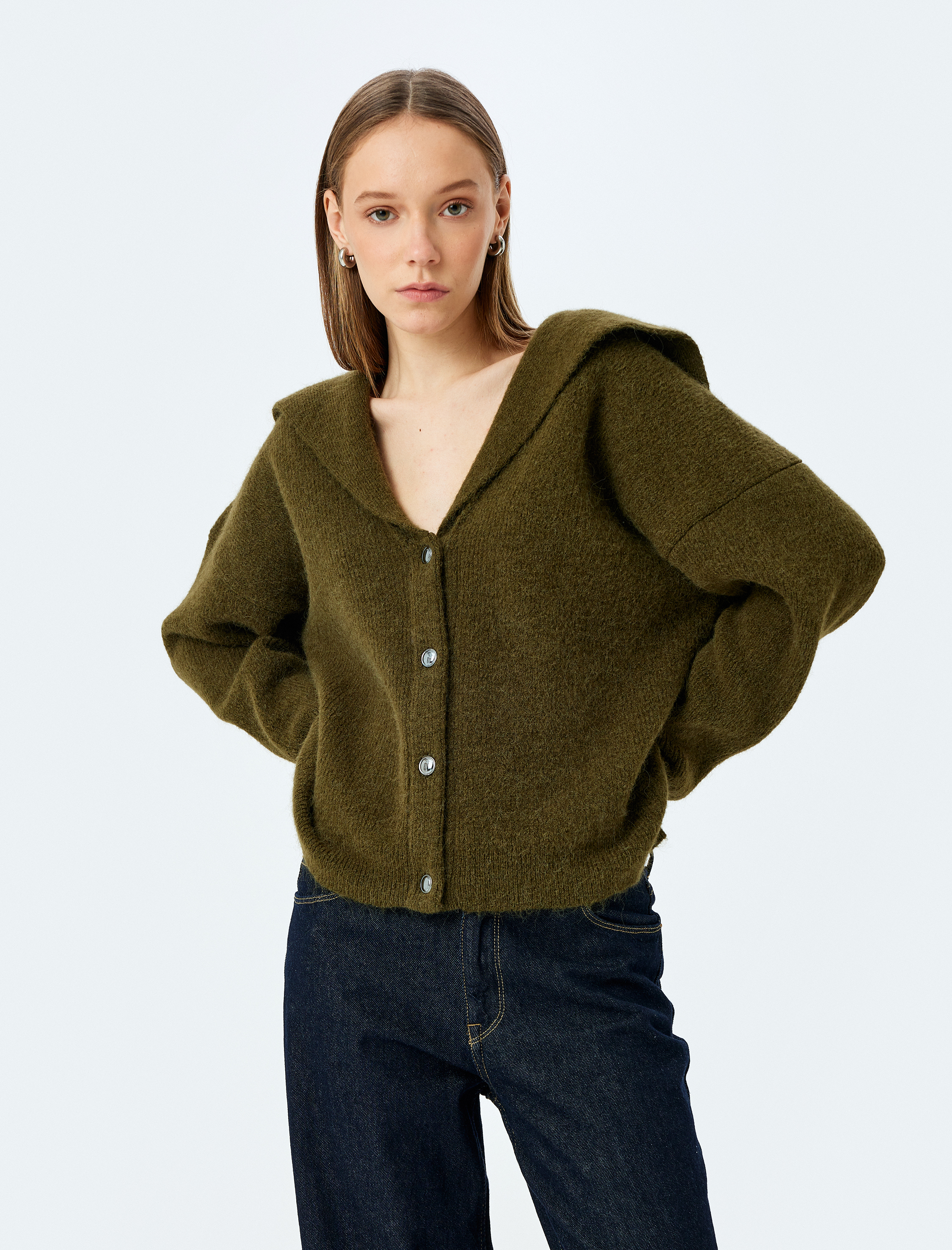   Kapüşonlu V Yaka Düğmeli Uzun Kollu Hırka