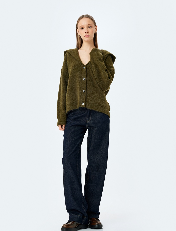  Kapüşonlu V Yaka Düğmeli Uzun Kollu Hırka